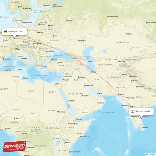 Frankfurt - Chennai direct flight map