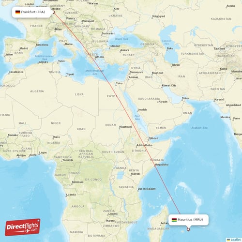 Frankfurt - Mauritius direct flight map
