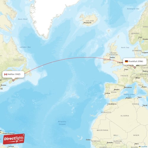 Frankfurt - Halifax direct flight map