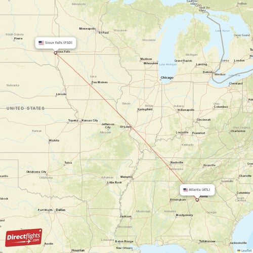 Sioux Falls - Atlanta direct flight map