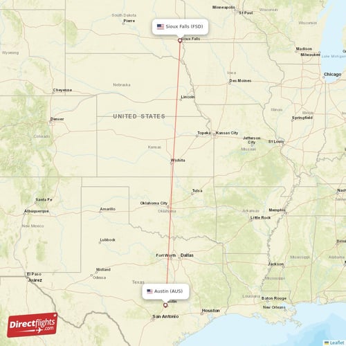 Sioux Falls - Austin direct flight map