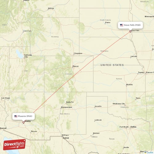 Sioux Falls - Phoenix direct flight map