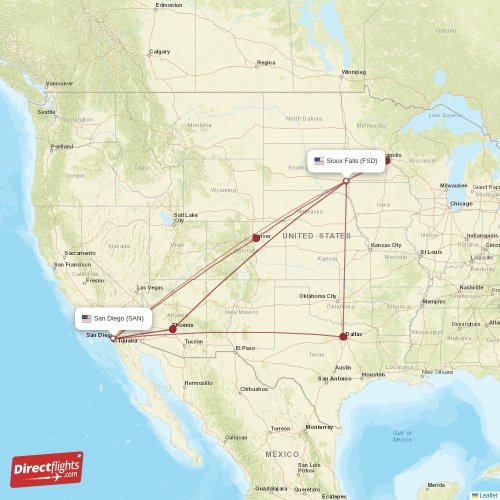 Sioux Falls - San Diego direct flight map