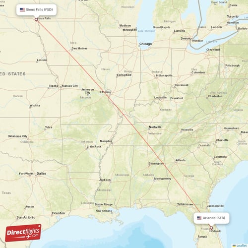 Sioux Falls - Orlando direct flight map