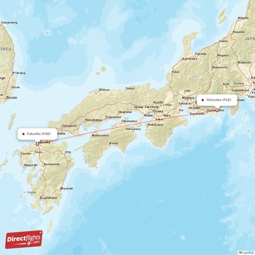 Shizuoka - Fukuoka direct flight map