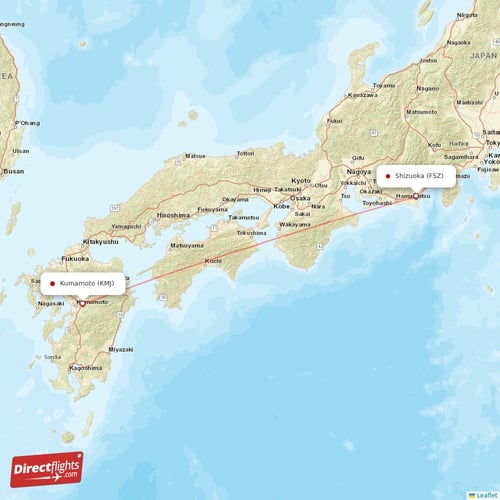 Shizuoka - Kumamoto direct flight map