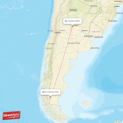 El Calafate - Cordoba direct flight map