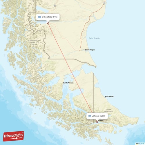 El Calafate - Ushuaia direct flight map