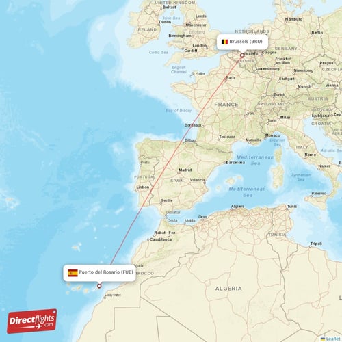 Puerto del Rosario - Brussels direct flight map