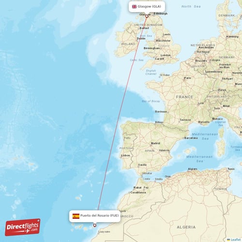 Puerto del Rosario - Glasgow direct flight map