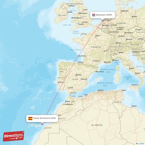 Puerto del Rosario - Rotterdam direct flight map