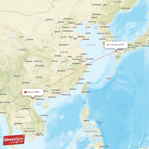 Fukuoka - Hanoi direct flight map