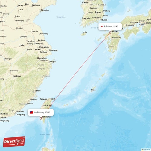 Fukuoka - Kaohsiung direct flight map
