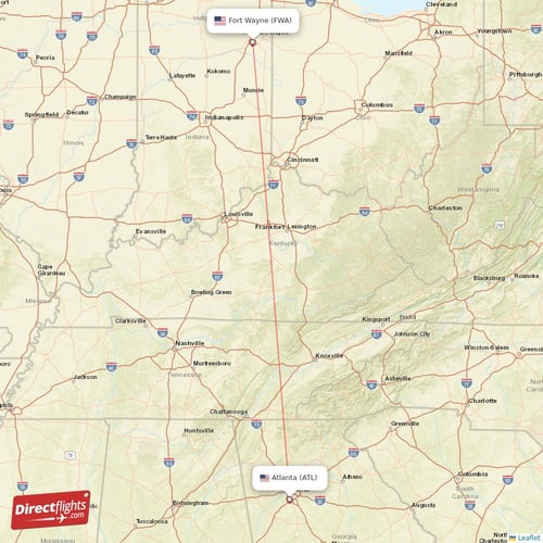 Fort Wayne - Atlanta direct flight map