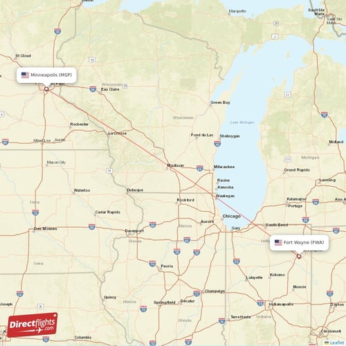 Fort Wayne - Minneapolis direct flight map
