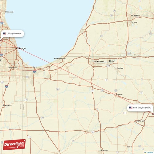Fort Wayne - Chicago direct flight map