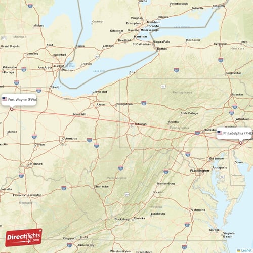 Fort Wayne - Philadelphia direct flight map
