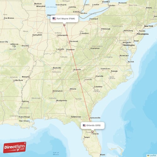 Fort Wayne - Orlando direct flight map