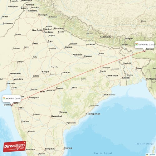 Guwahati - Mumbai direct flight map