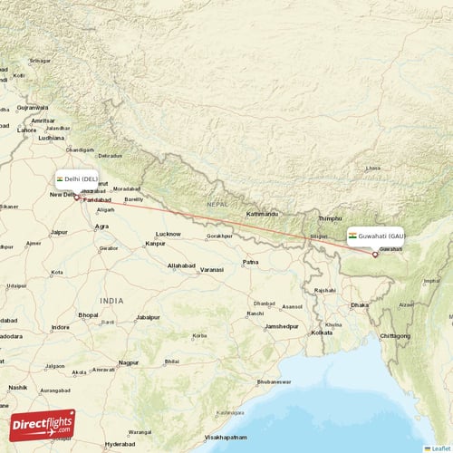 Guwahati - Delhi direct flight map