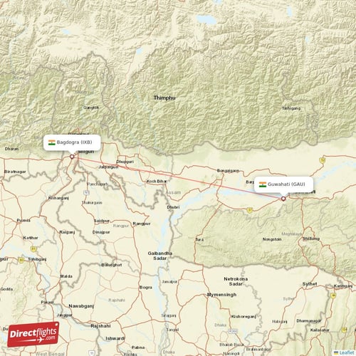 Guwahati - Bagdogra direct flight map