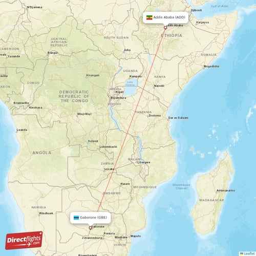 Gaborone - Addis Ababa direct flight map