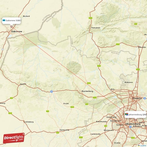 Gaborone - Johannesburg direct flight map