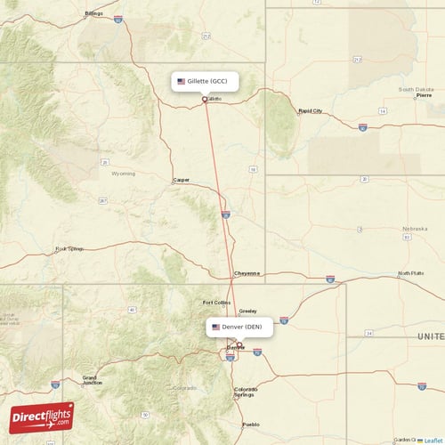 Gillette - Denver direct flight map