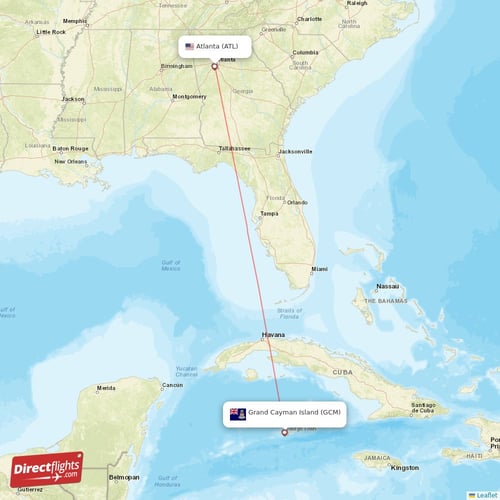 Grand Cayman Island - Atlanta direct flight map