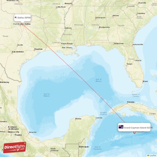 Grand Cayman Island - Dallas direct flight map