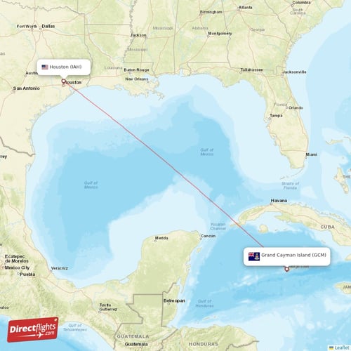 Grand Cayman Island - Houston direct flight map