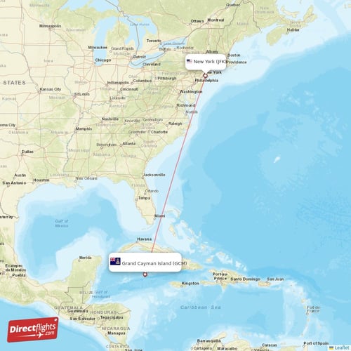 Grand Cayman Island - New York direct flight map