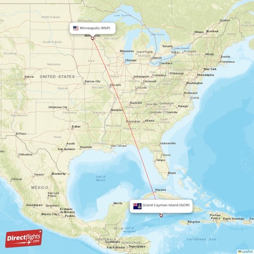 Grand Cayman Island - Minneapolis direct flight map