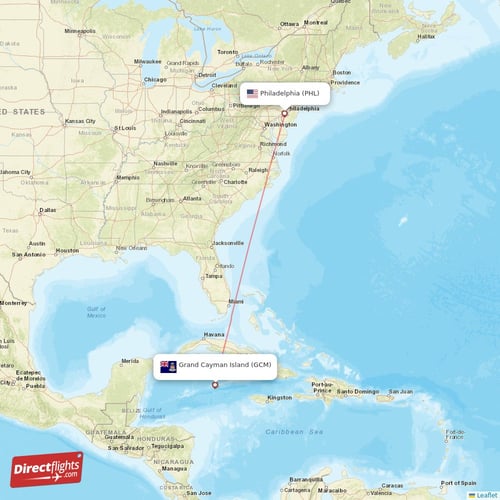 Grand Cayman Island - Philadelphia direct flight map