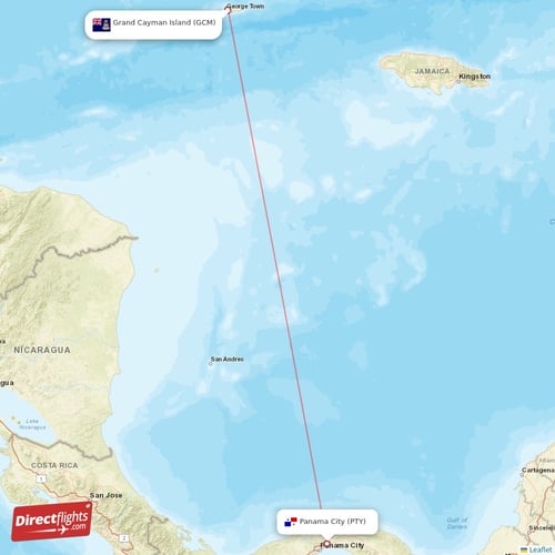 Grand Cayman Island - Panama City direct flight map