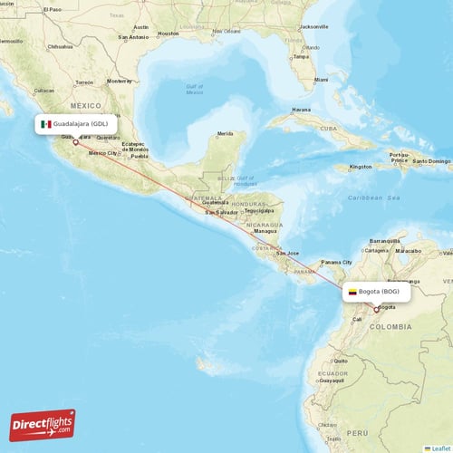 Guadalajara - Bogota direct flight map