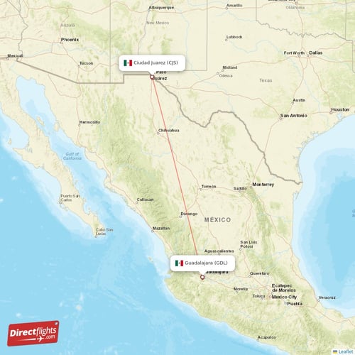 Guadalajara - Ciudad Juarez direct flight map