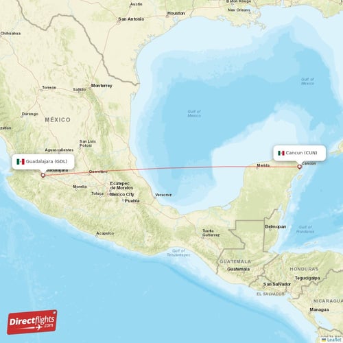Guadalajara - Cancun direct flight map