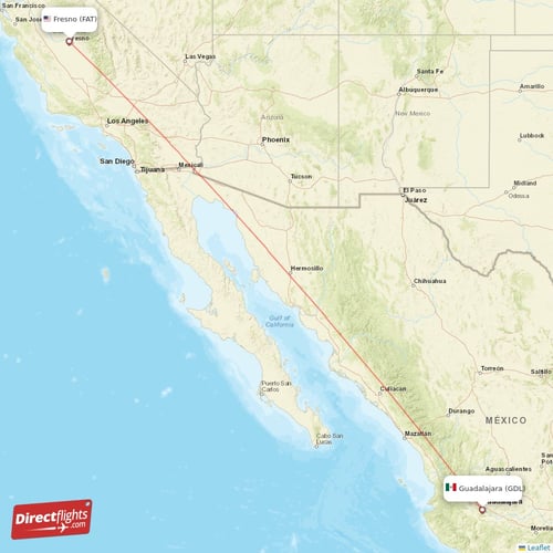 Guadalajara - Fresno direct flight map