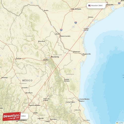 Guadalajara - Houston direct flight map
