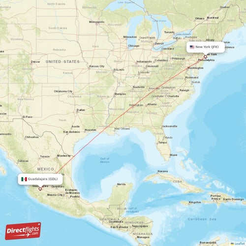 Guadalajara - New York direct flight map