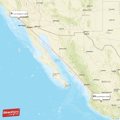 Guadalajara - Los Angeles direct flight map