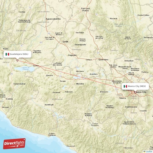 Guadalajara - Mexico City direct flight map