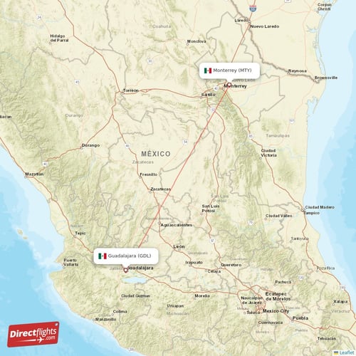 Guadalajara - Monterrey direct flight map