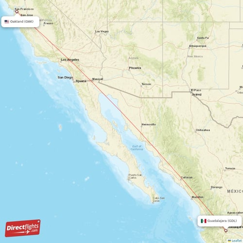 Guadalajara - Oakland direct flight map