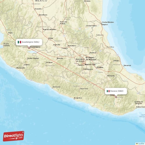 Guadalajara - Oaxaca direct flight map