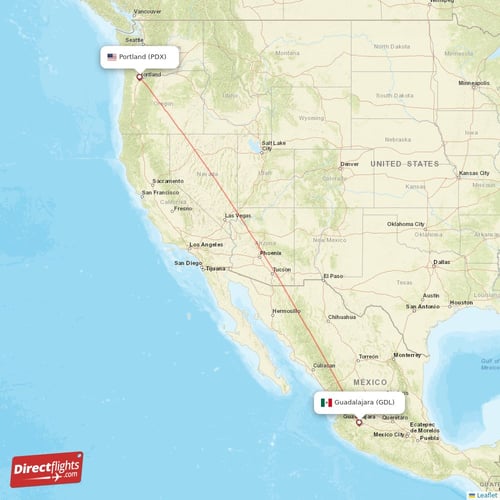 Guadalajara - Portland direct flight map