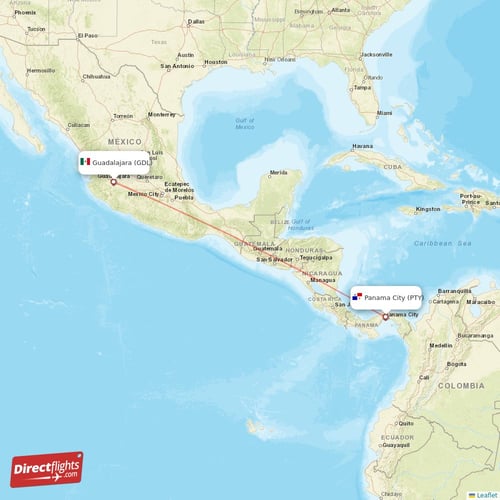 Guadalajara - Panama City direct flight map