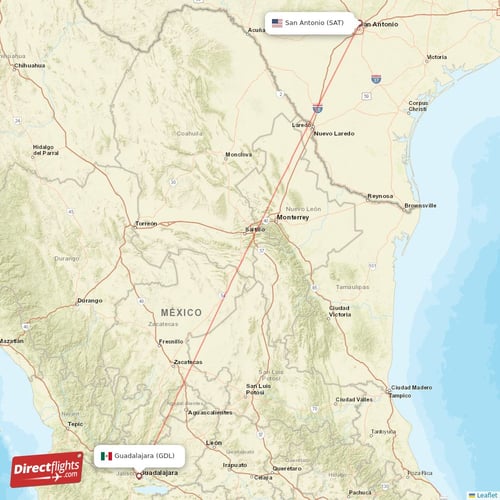 Guadalajara - San Antonio direct flight map