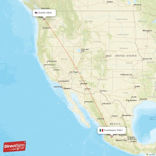 Guadalajara - Seattle direct flight map